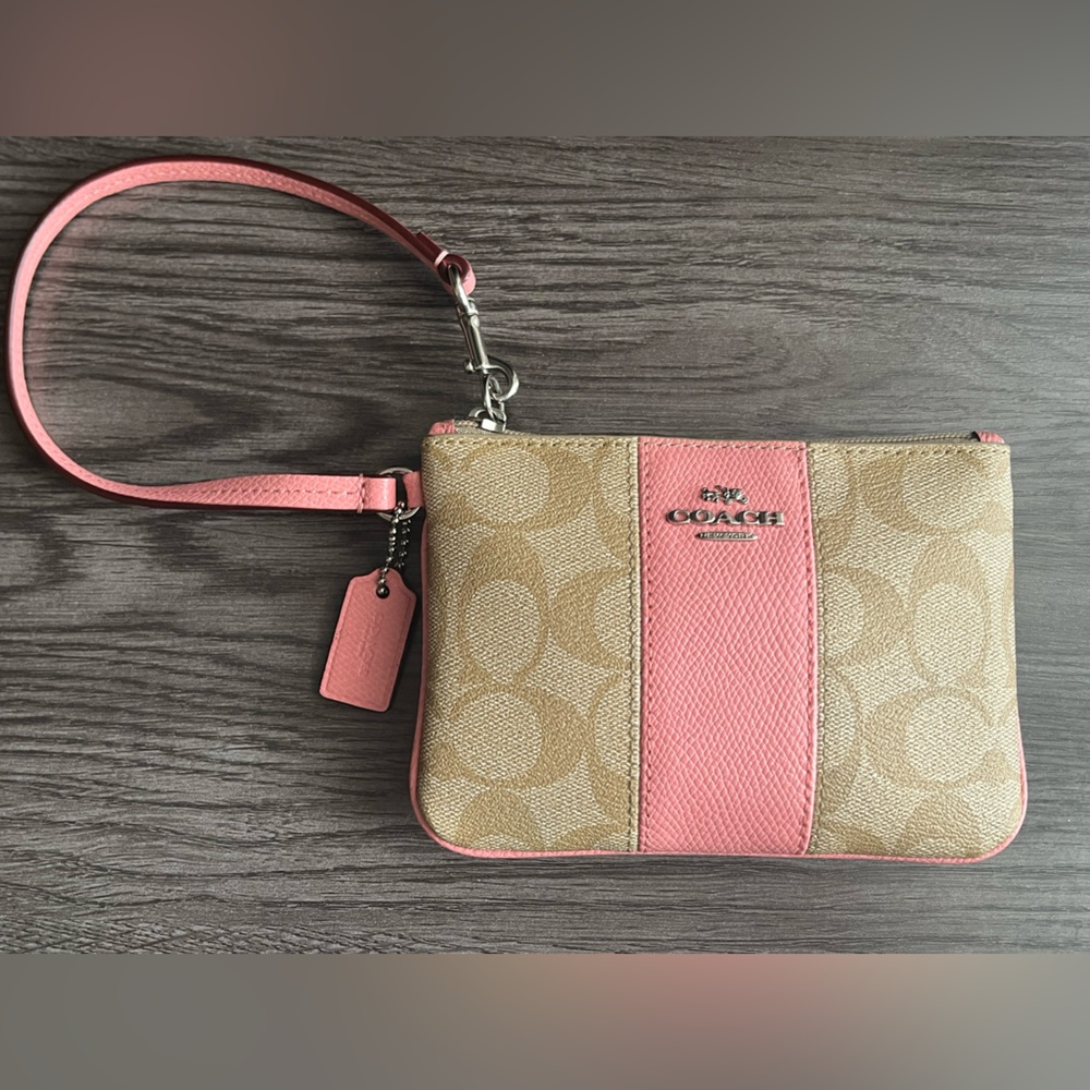 Coach Signature Pink Stripe Wristlet Wallet Zip Pouch Mini Bag 4” x 6” EUC